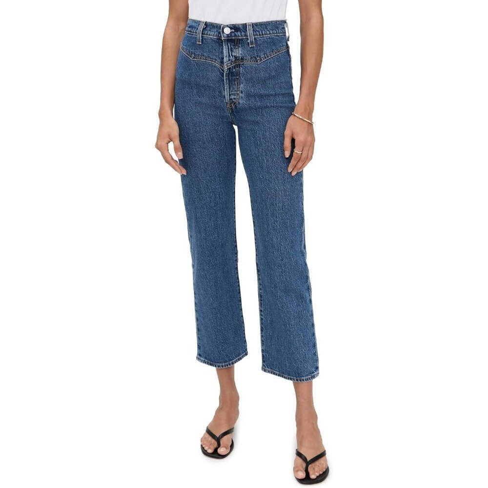 Womens High-Rise Straight Jeans Cotton Elastane Western Yoke Casual